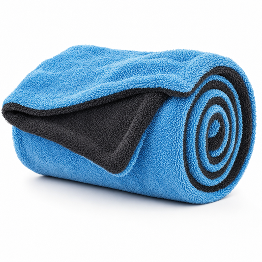 Toalla de microfibra CleanCar 1400GSM doble capa, color azul, enrollada